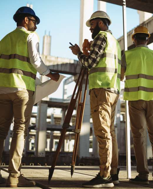 Business, building, teamwork and people concept. Group of engineer and architects in hardhats with blueprint on construction site