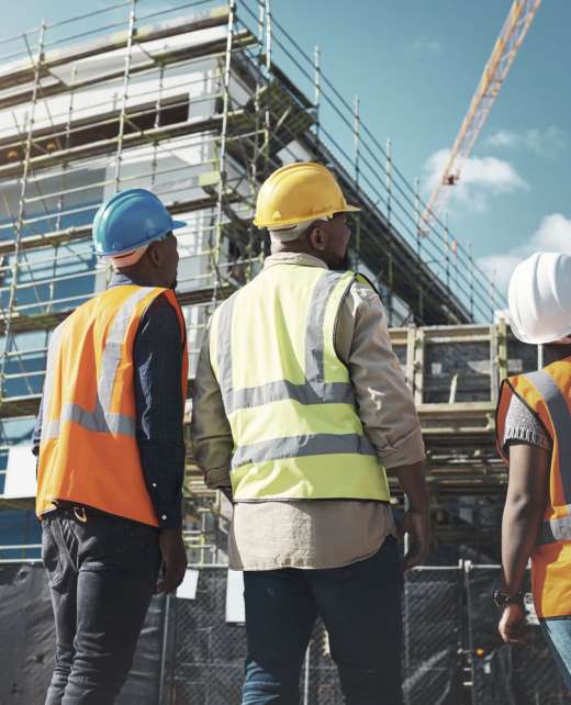 Shot of a group of builders assessing progress at a construction site.